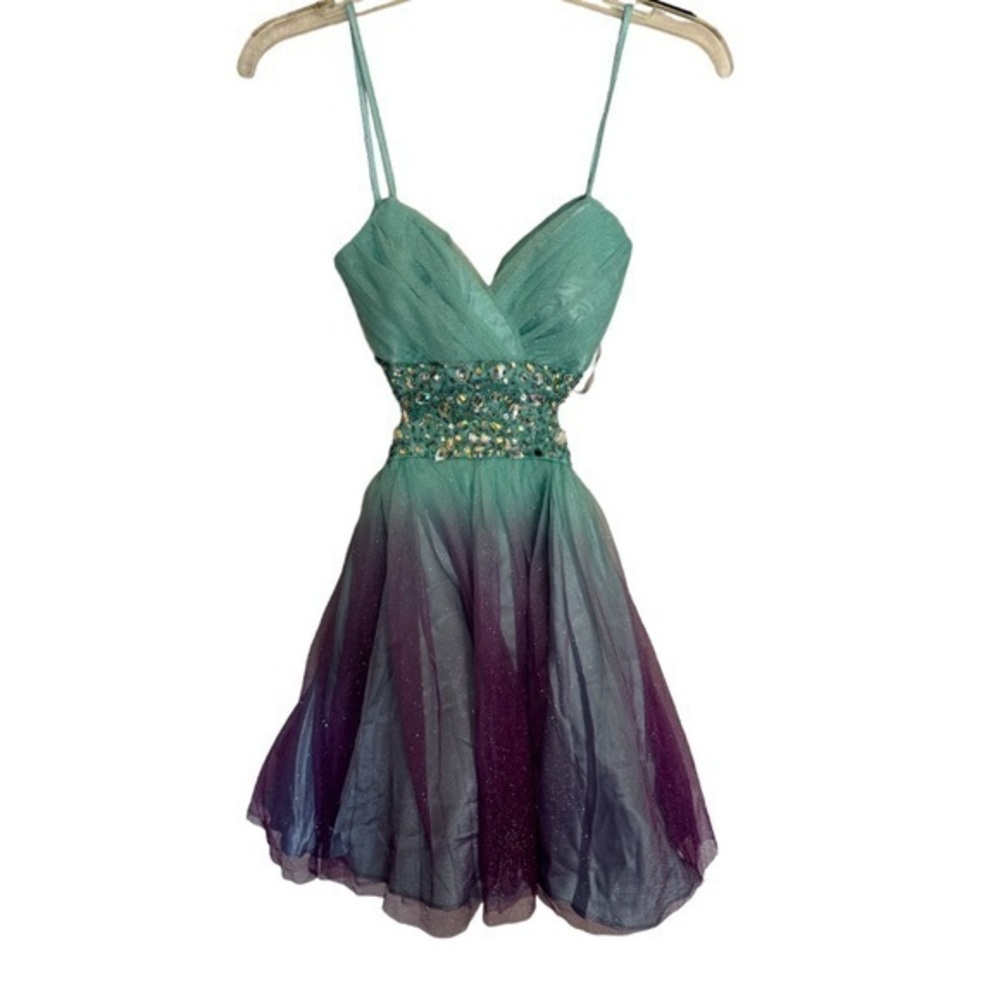 DEB sexy backless mini metallic jeweled party prom dress purple teal size 5